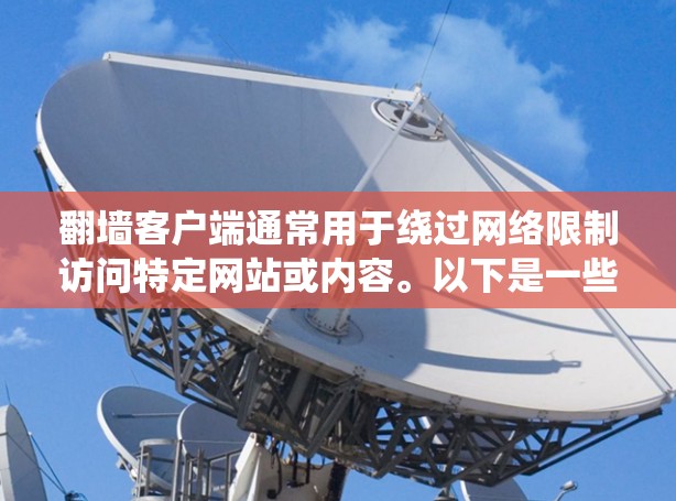 翻墙客户端通常用于绕过网络限制访问特定网站或内容。以下是一些常见的翻墙客户端及其使用方法 翻墙客户端通常用于绕过网络限制访问特定网站或内容。以下是一些常见的翻墙客户端及其使用方法