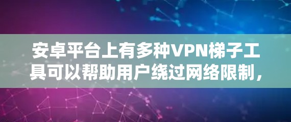 安卓平台上有多种VPN梯子工具可以帮助用户绕过网络限制,比如公司防火墙、学校网络或国家网络封锁。这些工具通常用于访问被限制的网站、服务或内容。以下是一些常见的安卓VPN梯子工具及其使用方法