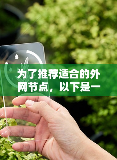 为了推荐适合的外网节点,以下是一些基于关键需求的建议,供参考 为了推荐适合的外网节点,以下是一些基于关键需求的建议,供参考
